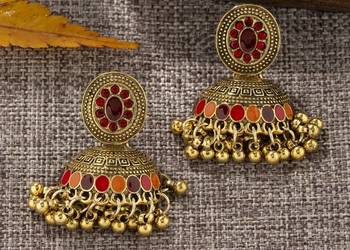 Kolczyki boho złoty kolor czerwony etno folk gypsy jhumki orient Indie
