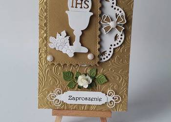 ZAPROSZENIA KOMUNIA UNIWERSALNE KIELICH W RAMCE – SERWETKA B6 ZŁOTO – BIEL