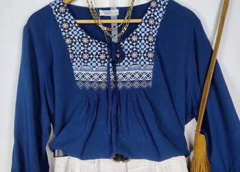 Bluzka z długim rękawem Boho granatowa wiązana luźna