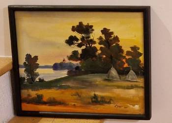 OBRAZ z pejzażem w ramie z autografem  płótno olej  stary vintage 83 rok