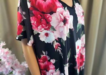 Czarna tunika plus size kwiaty oversize 5XL 50 52 wiosenna