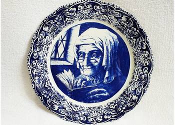 Duży Talerz kolekcjonerski Boch La Louviere Delfts Old Lady Belgia ø34,5cm