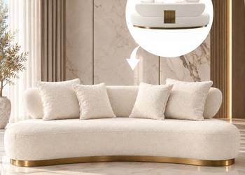 Sofa glamour boucle biała ecru 257 cm ze złotą podstawą Aurelia