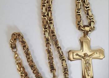 Komplet męski łańcuszek bransoletka i krzyż stal splot królewski