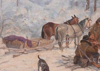 J Fałat - Myśliwi na Polowaniu w Lesie - Stary Duży Obraz Rama