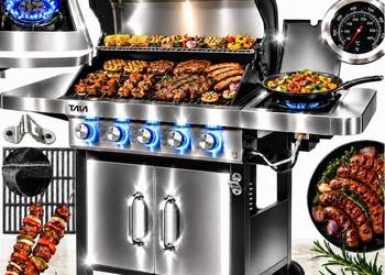 DUŻY GRILL GAZOWY TAIA Pro Nierdzewny 5 Palników 17kW Żeliwny Ruszt LED BBQ