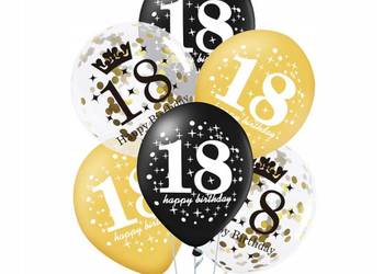 Balony na 18 Urodziny Zestaw Złoty Czarny 18-stka 15szt MIX Konfetti
