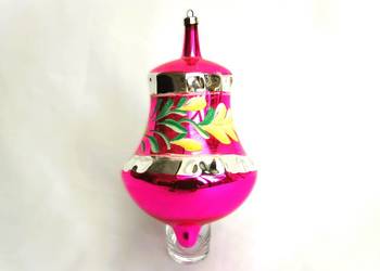 Stara bombka szklana ręcznie malowana duży dzwonek różowy  PRL vintage