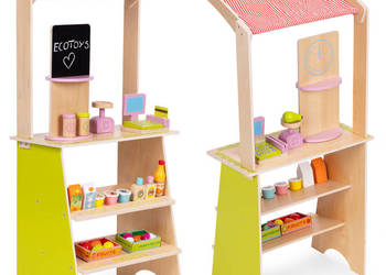 Duży drewniany stragan dla dzieci sklep z terminalem i wagą owoce warzywa…