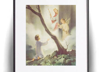 retro obrazek religijny, vintage plakat z aniołkiem i dzieckiem, święty obr