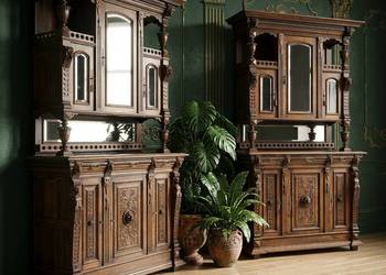 DĘBOWY KREDENS STYL NEORENESANS Antyk KREDES 240 cm 1p. XX wiek PARA 2s.