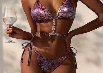Bikini strój kąpielowy panterka cyrkonie kamienie kryształki