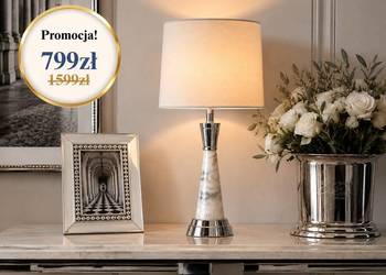 Lampa stołowa glamour, nowojorska, biały abażur, nowoczesna srebrna