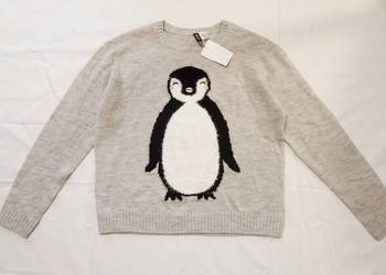 H&M Szary sweter Pingwin Wełna 15% NOWY 36 38 S M