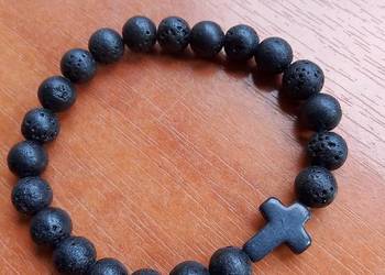 Bransoletka z krzyżykiem męska kamień wulkaniczny black