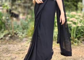 Eleganckie czarne sari L 40 XL 42 szyfon saree sukienka suknia Bollywood zi