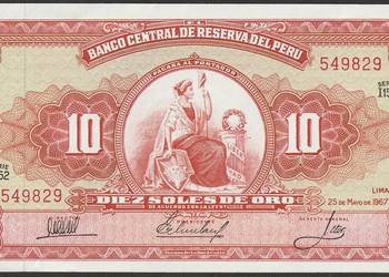 PERU 10 SOLES DE ORO - 1967 - STAN BANKOWY UNC