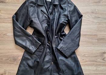 Piękny czarny skórzany czarny płaszcz skóra naturalna 38