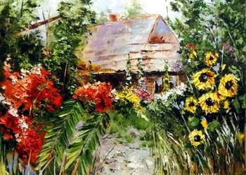 Kowalik - Chatka w ogrodzie - 50x40cm Obraz Olejny Ogród Kwiaty Domek