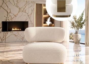 Fotel glamour boucle biały ecru ze złotą podstawą Aurelia