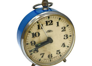 Niebieski mechaniczny budzik z uchwytem PRIM, Czechosłowacja, lat 60.