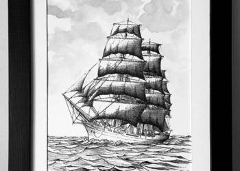 Rysunek Dar Pomorza 21x30/16x21,28 nowy Ręcznie wykonany tuszem