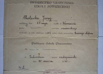 ppor. J.Cholewka /Wołomin - świadectwo 1945/46 - Zagrodzie pow. Radzymiński