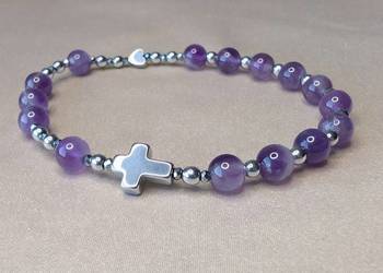 Bransoletka różaniec kamienie ametyst krzyżyk serduszko prezent pamiątka