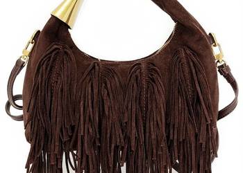 MODNA Torebka EKO ZAMSZ Frędzle BRĄZ Czekoladowy Listonoszka Boho