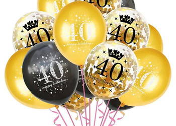 Balony 40-stka Złote Czarne z Konfetti Zestaw 15 sztuk