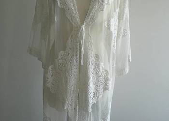 Kimono Tunika Plażowa Koronkowa Haftowana Tiulowa Kremowa S/XS