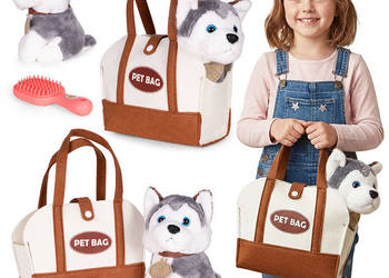 Pluszowy piesek w torebce husky maskotka dla dziecka + szczotka do pielęgn…