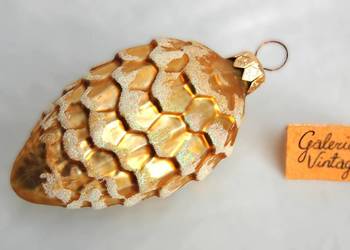 Stara bombka, duża, złota szyszka z brokatem, vintage