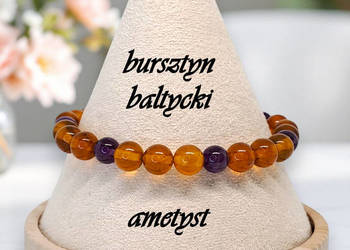 Bransoletka z bursztynu, BURSZTYN bałtycki, AMETYST, kulki #831