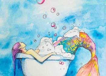 "W kąpieli" akwarela - obraz A2 - syrena, fantasy