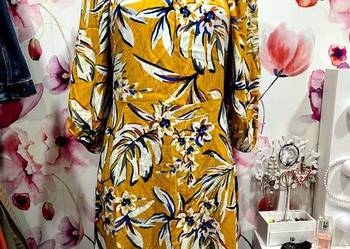f&f sukienka musztardowa kwiaty nowa viscoza hit roz.40