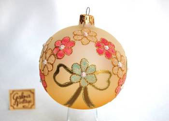 Bombka szklana żółta, ręcznie malowana, kwiaty, brokat