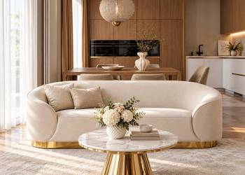 Ekskluzywna beżowa złota sofa glamour do salonu 3 os. na złotej nodze