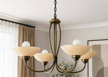 Komplet lamp mosiężnych vintage – żyrandol 4-ramienny + lampa stojąca, stan