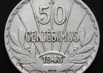 URUGWAJ 50 CENTIMES 1943 - ARTIGAS - SREBRO