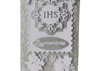 ZAPROSZENIA KOMUNIA UNIWERSALNE IHS W RAMCE KOKARDY B6 SREBRO – BIEL