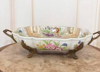 Antyczna Patera Owocnik - Złocona Porcelana + Brąz - Kwiaty