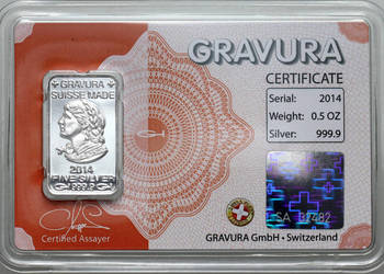 sztabka srebrna 2014, Gravura Suisse, 1/2 Oz Ag 999,9
