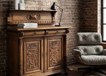 KOMODA DĘBOWA KREDENS rzeźbiony POMOCNIK eklektyzm 2 szuflady ANTYK 1p. XX