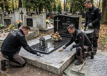 Obsypanie grobu, kamyczkami, kamykami, grysem, Cmertarz Wrocław, Kiełczów