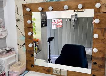 Lustro Hollywood z Litego Drewna do Makijażu 100x90 cm | Loft| Oświetlenie