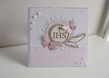 Kartka ręcznie robiona na Komunię Świętą motylki