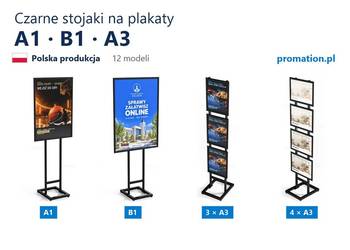 Czarne stojaki na plakaty A1, B1 i A3 – potrójne, poczwórne, na kółkach