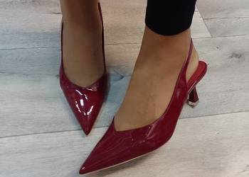 (39/40) Bordowe/ czerwone czółenka wieczorowe z odkrytą piętą, NOWE,