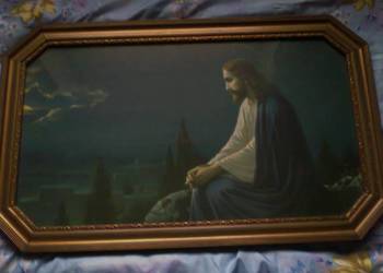 Jezus Chrystus. Stary obraz w ramie z szybą.